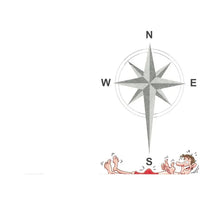 Black and white compass rose with cartoon feet at the bottom on a white background