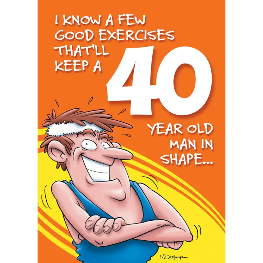 Cartoon character with text about exercises for a 40-year-old man on an orange background