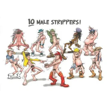 Cartoon illustration of ten male strippers in various poses on a white background.