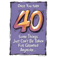 Cartoon-style text on a purple background with the number 40 and humorous birthday message.