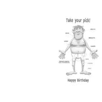Cartoon character with labeled body parts and text 'Take your pick!' on a white background