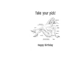 Black and white birthday card with anatomical diagram and text on a white background