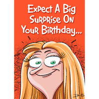 Cartoon character with blonde hair and green eyes on an orange background with text 'Expect A Big Surprise On Your Birthday'.