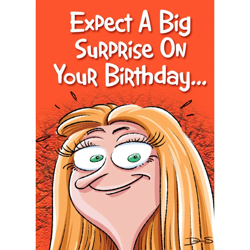 Cartoon character with blonde hair and green eyes on an orange background with text 'Expect A Big Surprise On Your Birthday'.