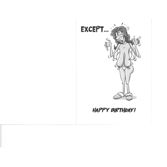 Cartoon-style birthday card with a nude figure and text on a white background