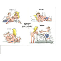 Cartoon strip with a woman exercising and a man celebrating her birthday.