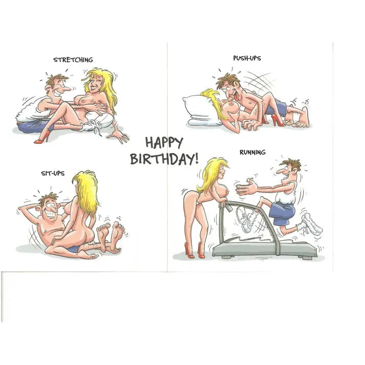 Cartoon strip with a woman exercising and a man celebrating her birthday.