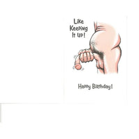 Cartoon illustration of a hand holding a limp penis with text 'Like Keeping It Up! Happy Birthday!' on a white background.