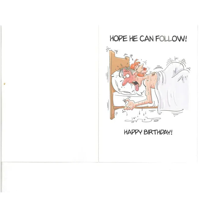 Cartoon of a man & woman in bed, captioned 'Hope he can follow! Happy Birthday!'.