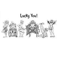 Cartoon-style illustration of various figures with the text 'Lucky You!' on a white background.