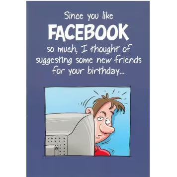Cartoon character looking at computer screen with humorous birthday message about Facebook on a blue background