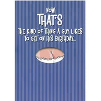 Card with text and cartoon image on a blue striped background