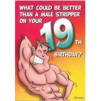 Cartoon stripper on a birthday card with text about a male stripper for a 19th birthday.