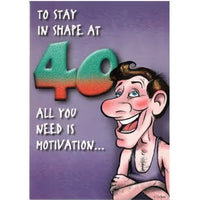 Cartoon character with text about staying in shape at 40 on a purple background