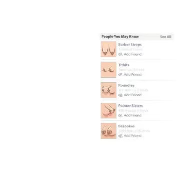 Social media interface showing 'People You May Know' with profile pictures of boobs and names on a white background.