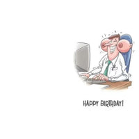 Cartoon character with a large nose sitting at a computer, with 'Happy Birthday!' text below.