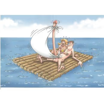 Cartoon of a couple on a raft with a sail in the ocean