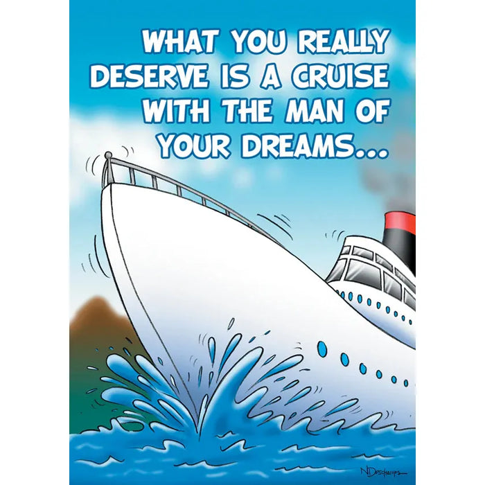 Cartoon cruise ship with text about a cruise with the man of your dreams on a blue background.