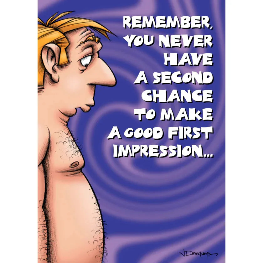 Cartoon character with text about making a good first impression on a blue spiral background
