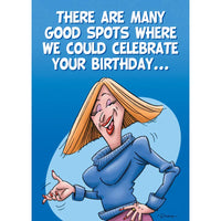Cartoon character with text about celebrating a birthday on a blue background
