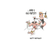 Cartoon of a woman in lingerie holding a mans balls over a man's head with text 'And I go first! Happy Birthday!' on a white background.