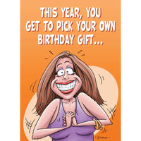 a women in a purple shirt with the text this year you get to pick your own birthday gift