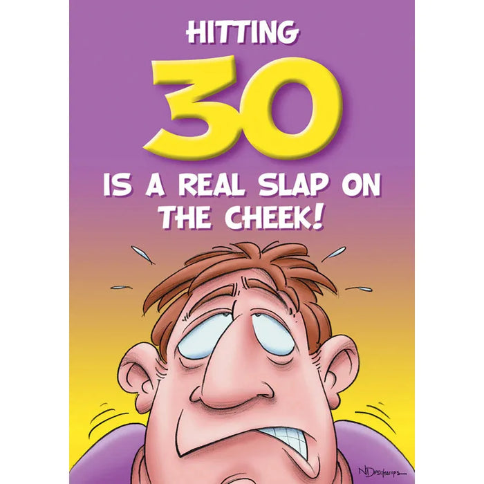 Cartoon character with a surprised expression on a purple and yellow background with text about hitting 30.