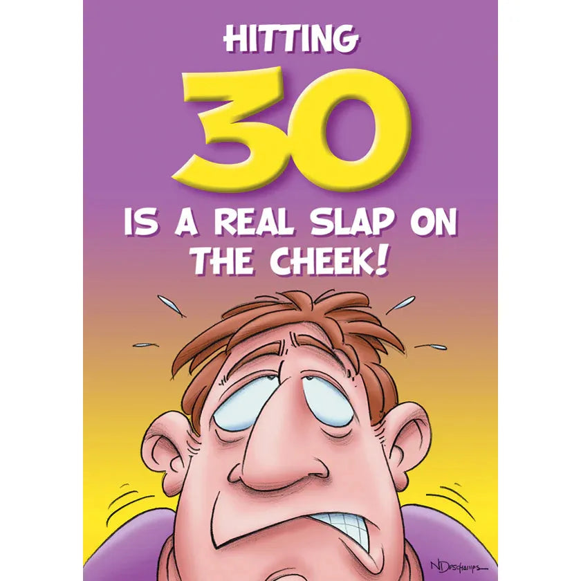 Cartoon character with a surprised expression on a purple and yellow background with text about hitting 30.
