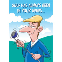 Cartoon character holding a golf club with text 'Golf has always been in your genes' on a blue sky background.
