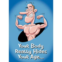 Cartoon character flexing muscles with text 'Your Body Really Hides Your Age' on a blue background
