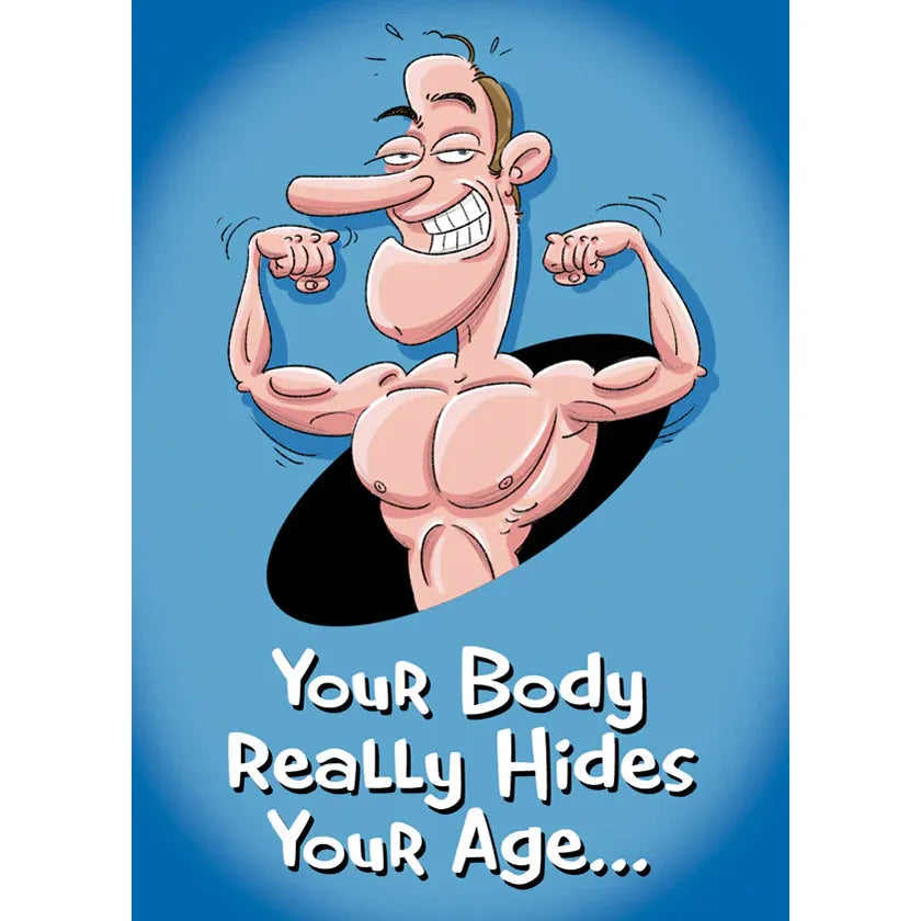Cartoon character flexing muscles with text 'Your Body Really Hides Your Age' on a blue background