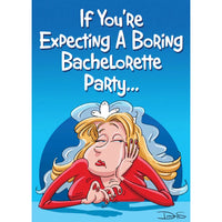 Cartoon character with text about a boring bachelorette party on a blue background