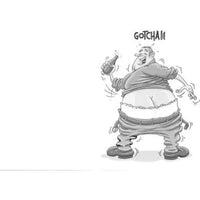 Cartoon character with a big butt  and a bottle labeled 'Gotcha!!!'