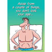 Cartoon of a man in underwear with humorous text on a green background