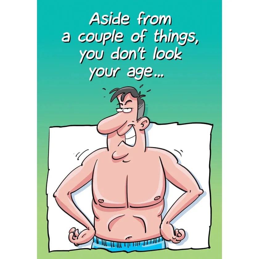 Cartoon of a man in underwear with humorous text on a green background