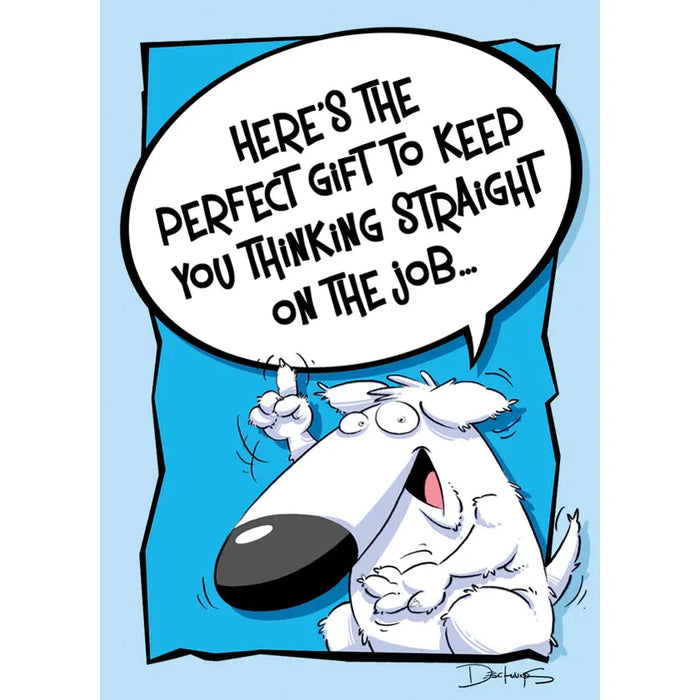 Cartoon character holding a black stone with a speech bubble saying 'Here's the perfect gift to keep you thinking straight on the job' against a blue background.
