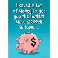 Cartoon piggy bank with a dollar sign on a blue background with humorous text.