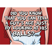 Cartoon of a person's lower body with text about guessing a guy's age by looking at his balls.