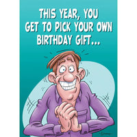 Cartoon character with text about picking a birthday gift on a teal background