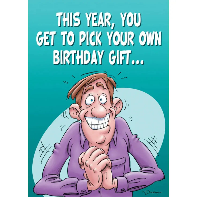 Cartoon character with text about picking a birthday gift on a teal background