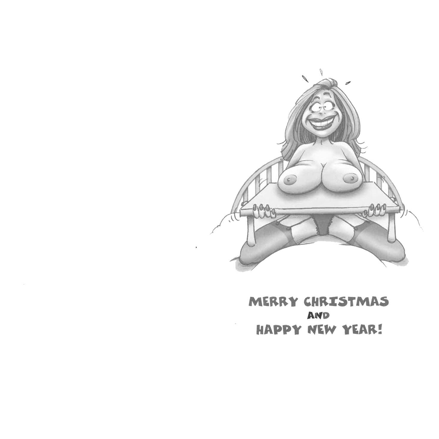 naked cartoon female holding a serving tray