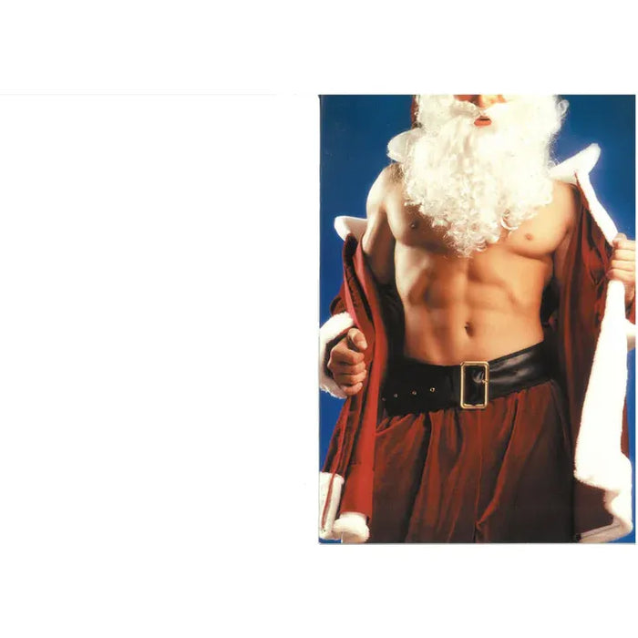 Man dressed as Santa Claus without a shirt, holding his robe open against a blue background.