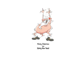 Cartoon Santa Claus with a humorous expression on a white background, with text 'Merry Christmas and Happy New Year!'.