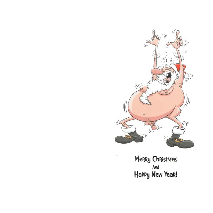 Cartoon Santa Claus with a humorous expression on a white background, with text 'Merry Christmas and Happy New Year!'.