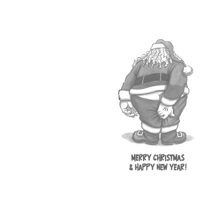 Cartoon Santa Claus with a humorous expression on a white background, featuring text 'Merry Christmas & Happy New Year!'.