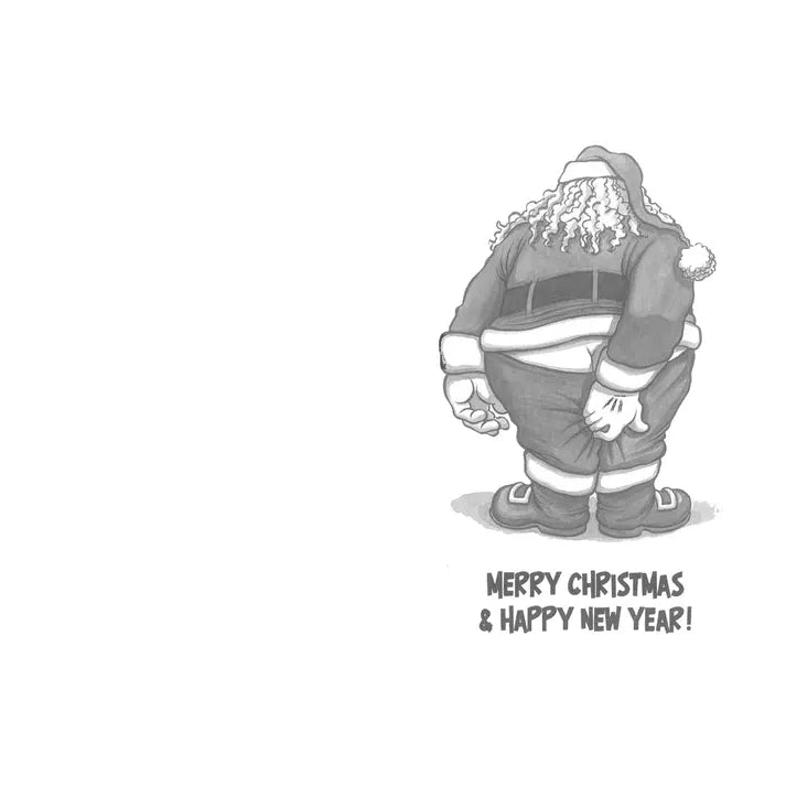 Cartoon Santa Claus with a humorous expression on a white background, featuring text 'Merry Christmas & Happy New Year!'.