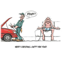 Cartoon of a mechanic and a man on a couch with a red car, text 'READY?', 'Merry Christmas & Happy New Year!'.