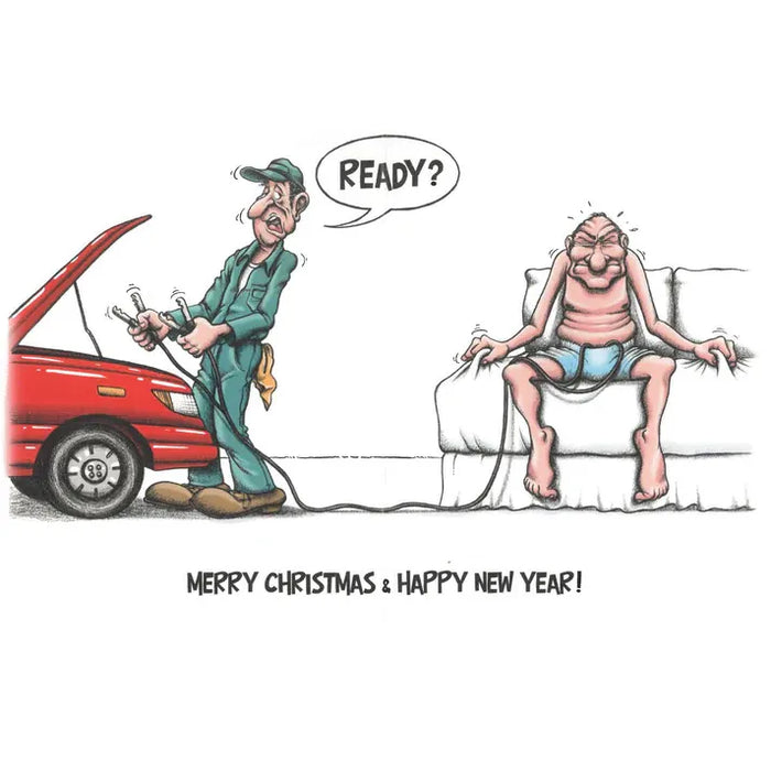 Cartoon of a mechanic and a man on a couch with a red car, text 'READY?', 'Merry Christmas & Happy New Year!'.