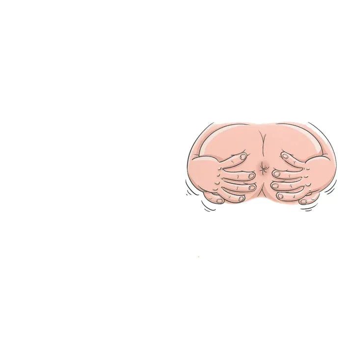 Cartoon illustration of a buttwith hands holding it on a white background