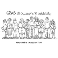 Cartoon illustration of a group of people with text 'GRAB all occasions to celebrate! Merry Christmas & Happy New Year!'
